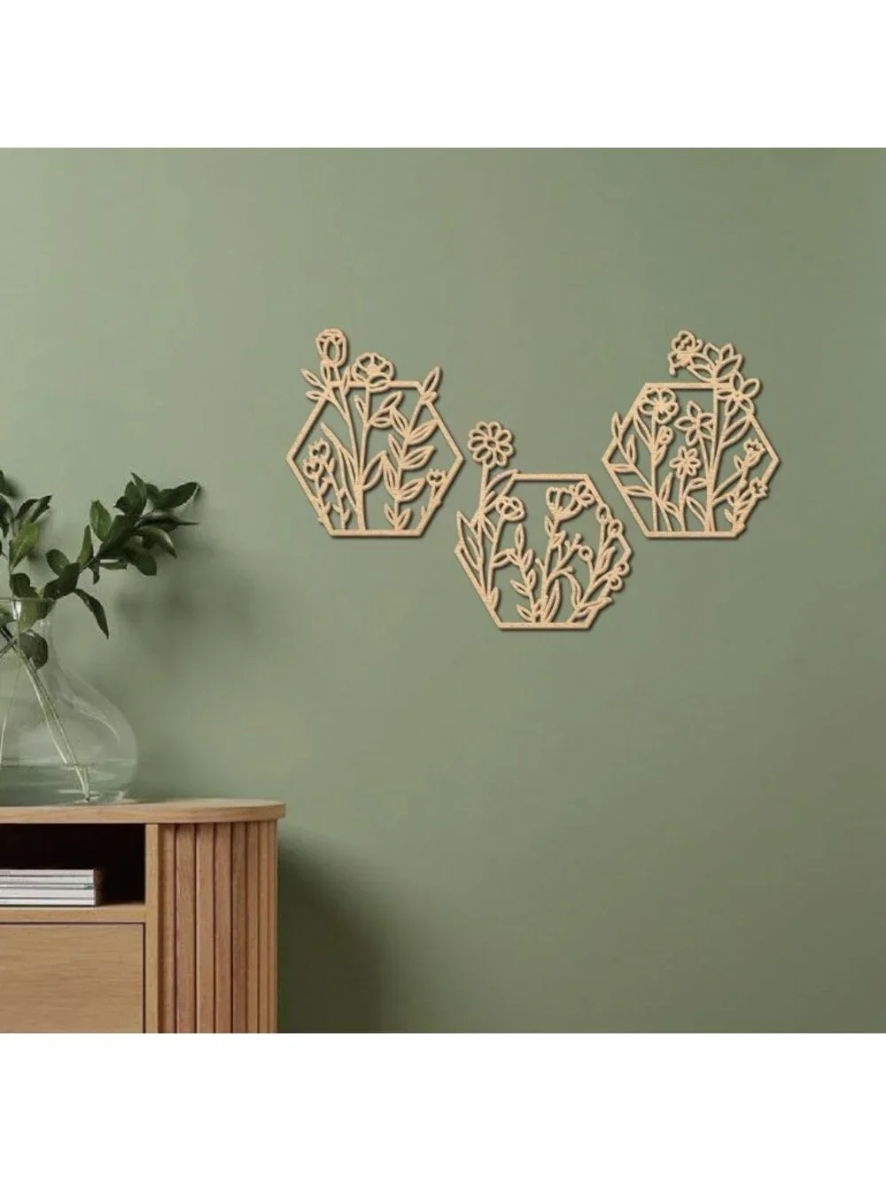 3-Piece Floral Wooden Wall Art Set - Hexagon Decor for Home, Bedroom & Office